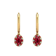 Gold ruby oval halo hoop earrings front view