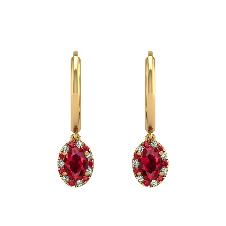 Gold ruby oval halo hoop earrings front view