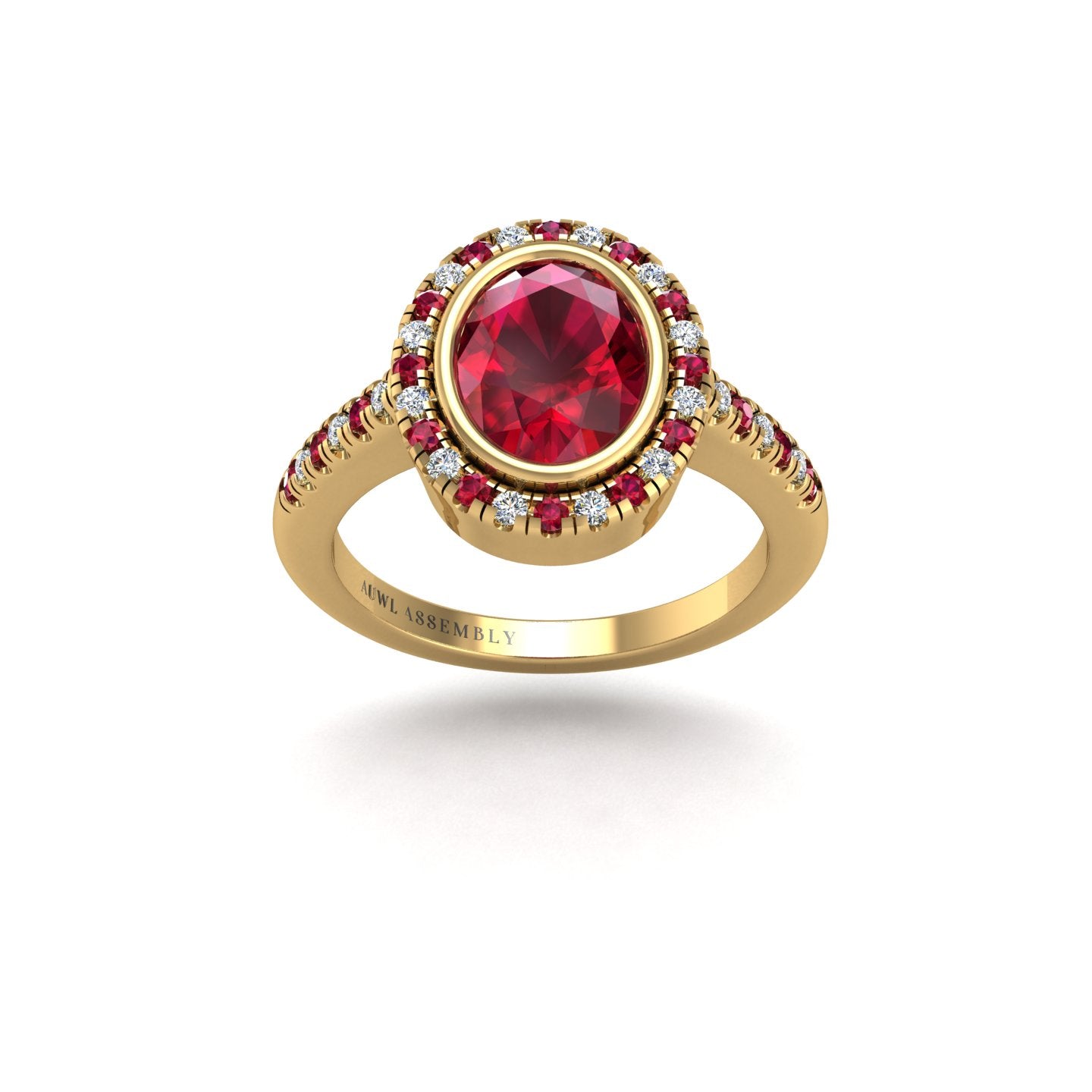 Gold ruby oval halo ring front view