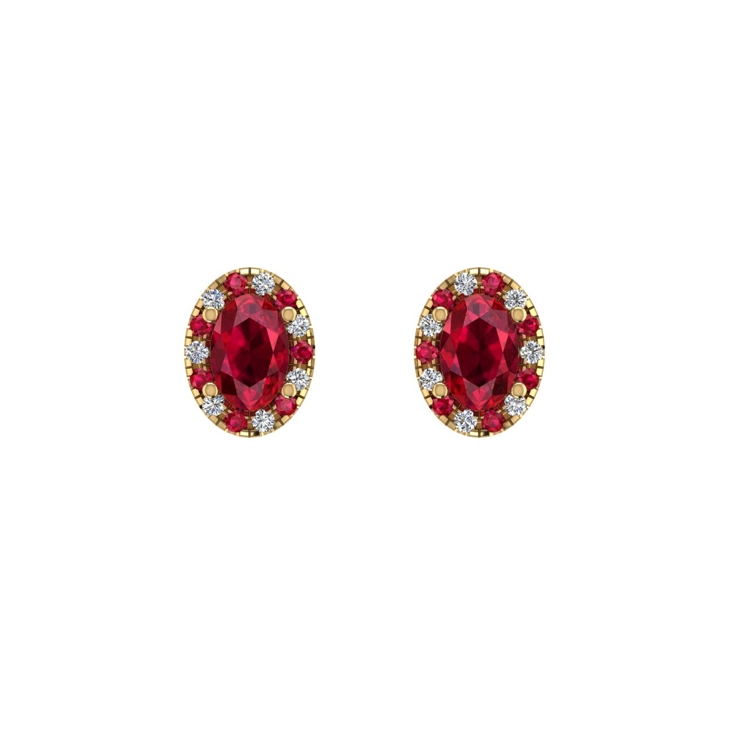 Gold ruby oval halo stud earrings front view