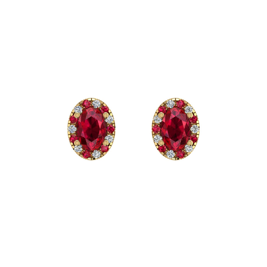 Gold ruby oval halo stud earrings front view