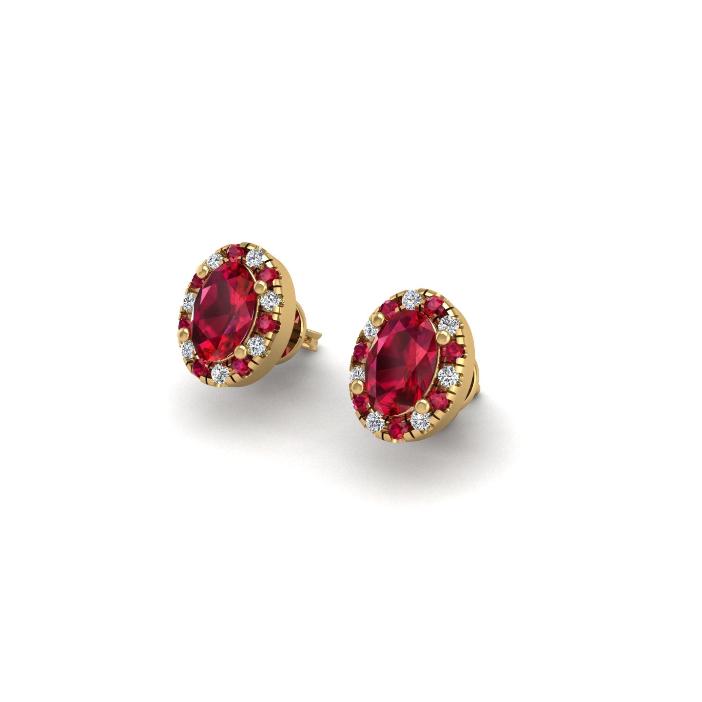 Gold ruby oval halo stud earrings