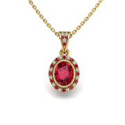Gold ruby oval heavenly halo pendant center view