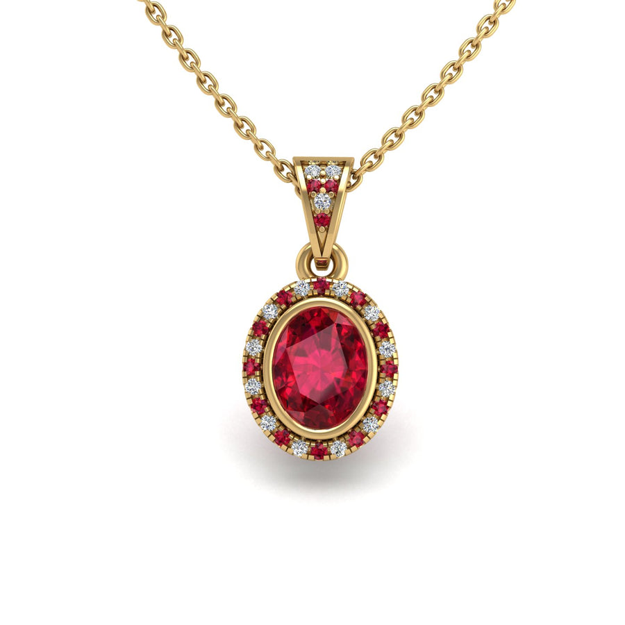 Gold ruby oval heavenly halo pendant center view