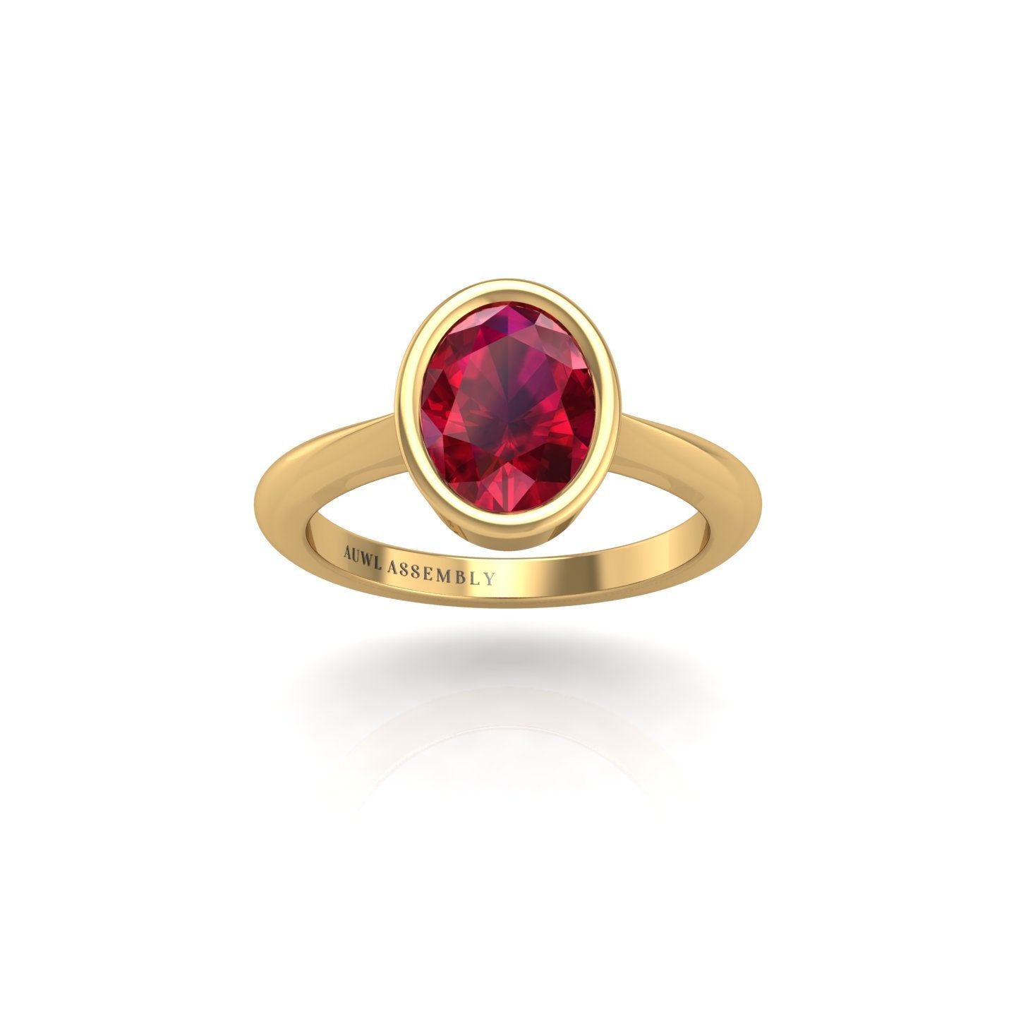 Gold ruby oval solitaire ring front view
