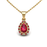Gold ruby pear divine halo pendant center view