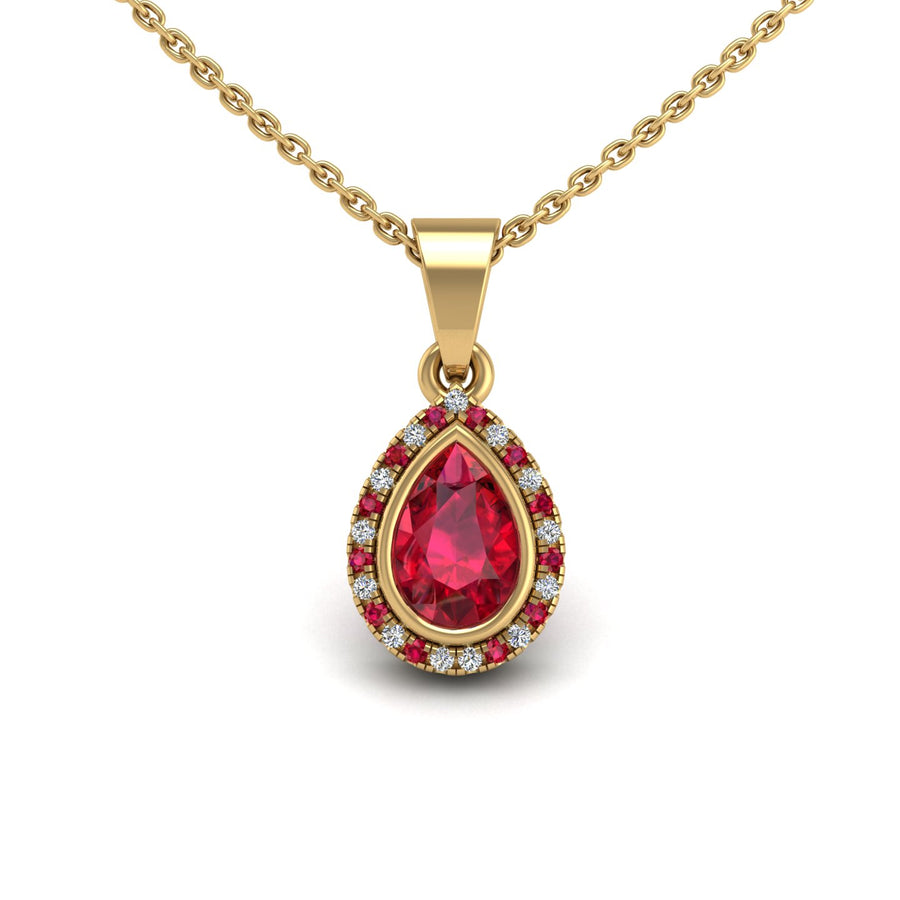 Gold ruby pear divine halo pendant center view