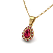 Gold ruby pear divine halo pendant