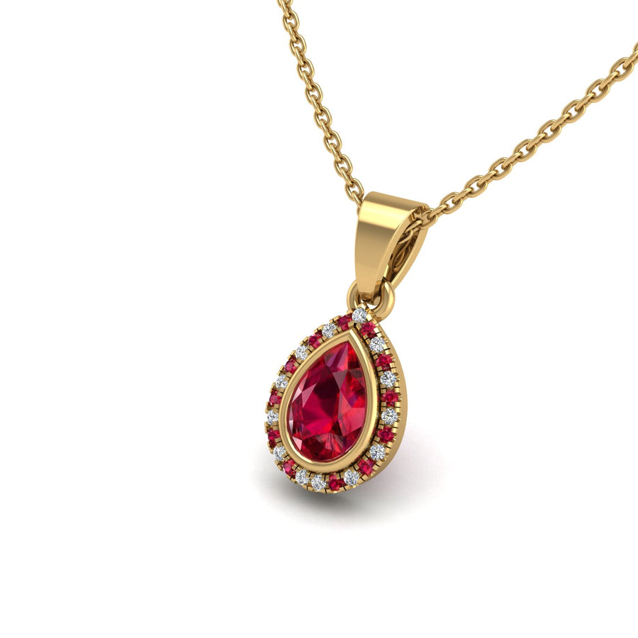 Gold ruby pear divine halo pendant