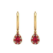 Gold ruby pear halo hoop earrings front view