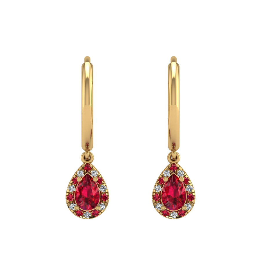 Gold ruby pear halo hoop earrings front view