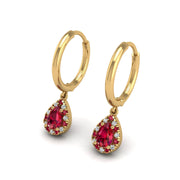 Gold ruby pear halo hoop earrings