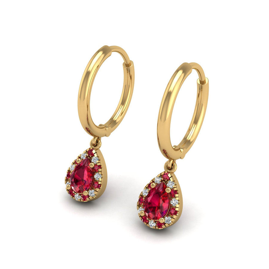 Gold ruby pear halo hoop earrings