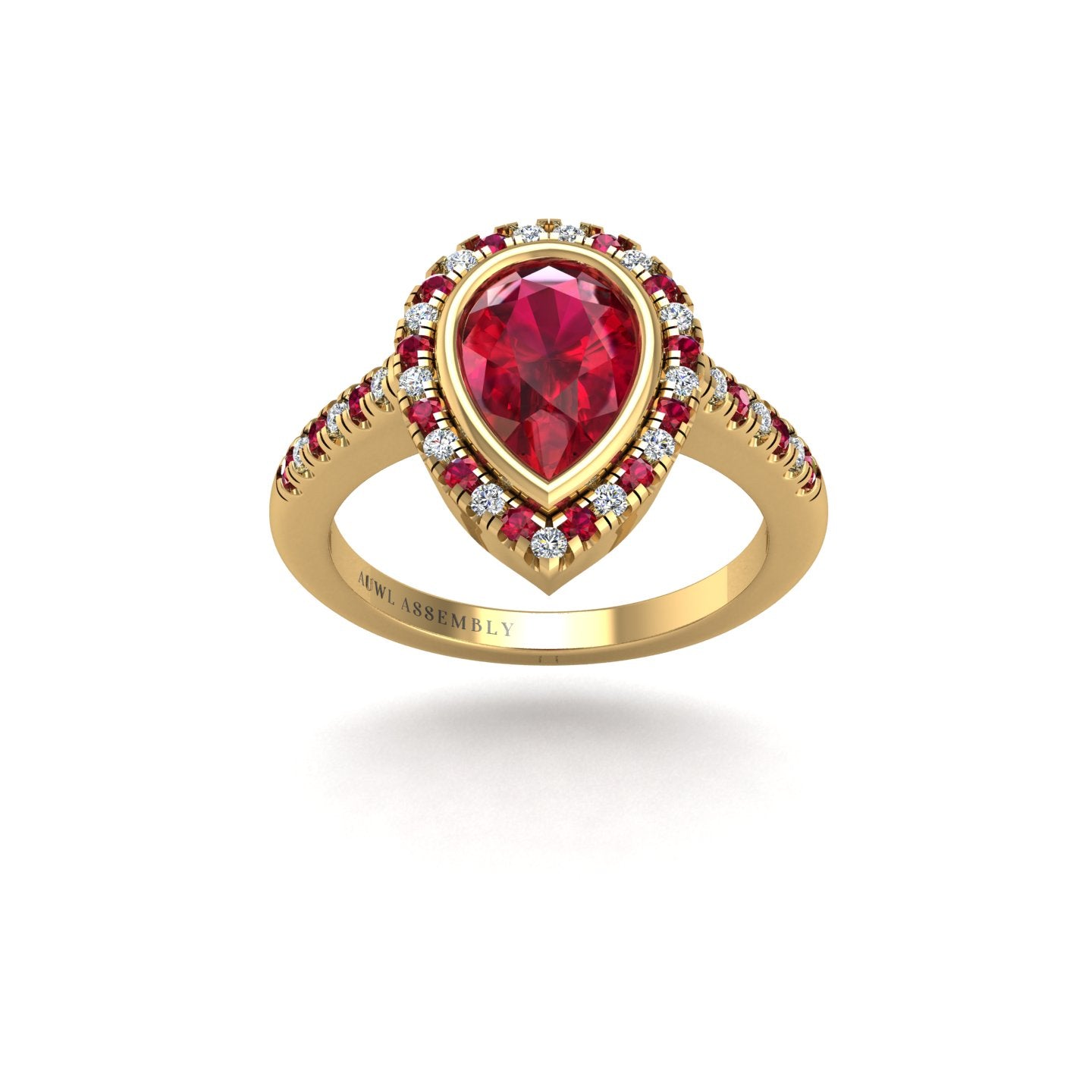 Gold ruby pear halo ring front view