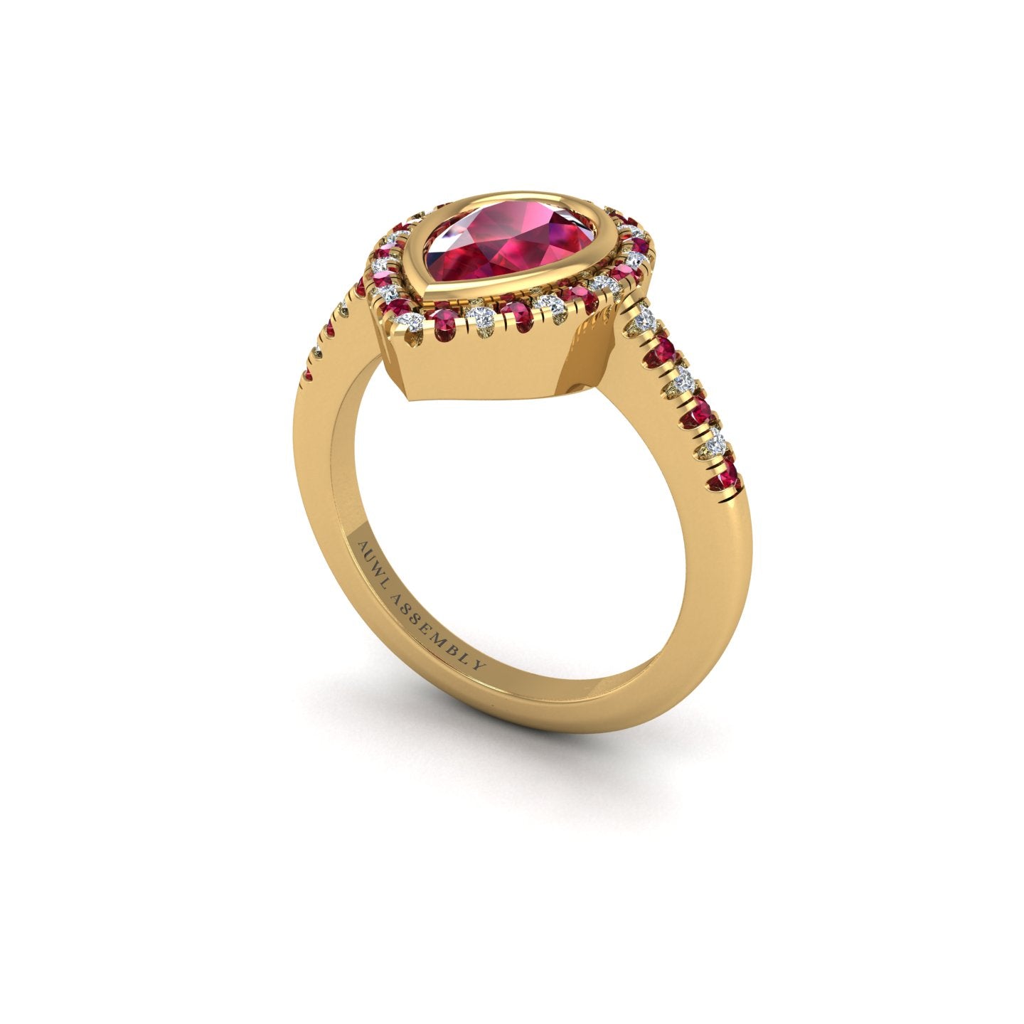 Gold ruby pear halo ring
