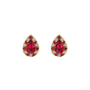Gold ruby pear halo stud earrings front view