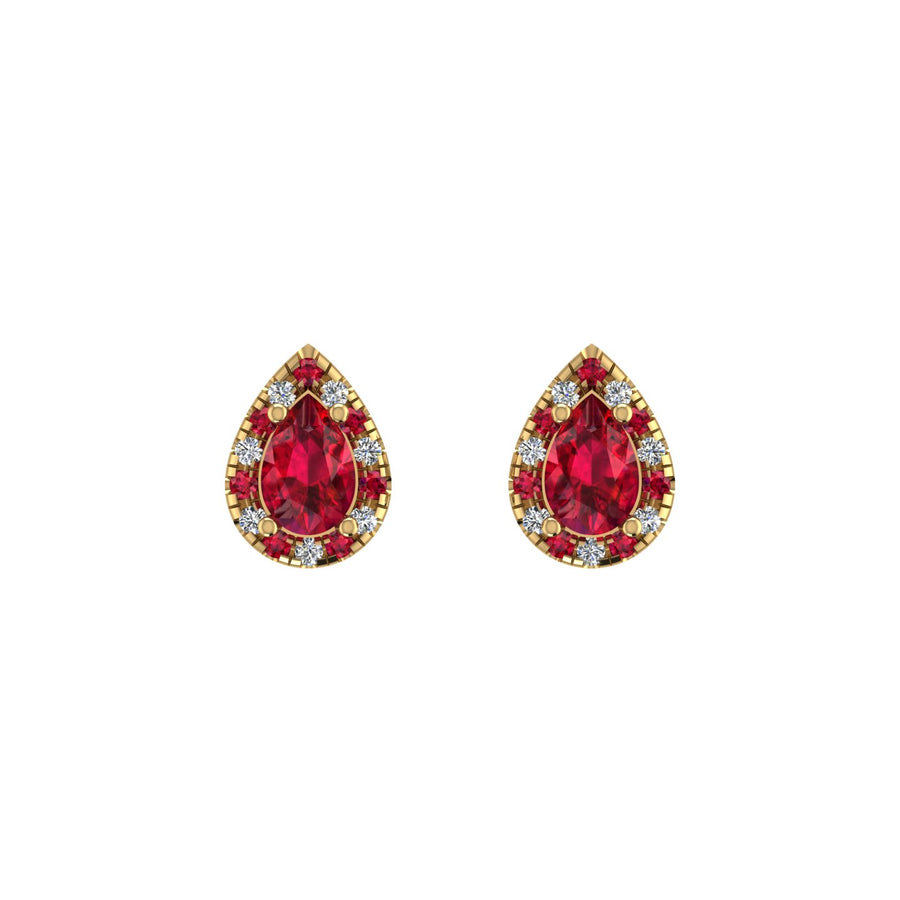 Gold ruby pear halo stud earrings front view