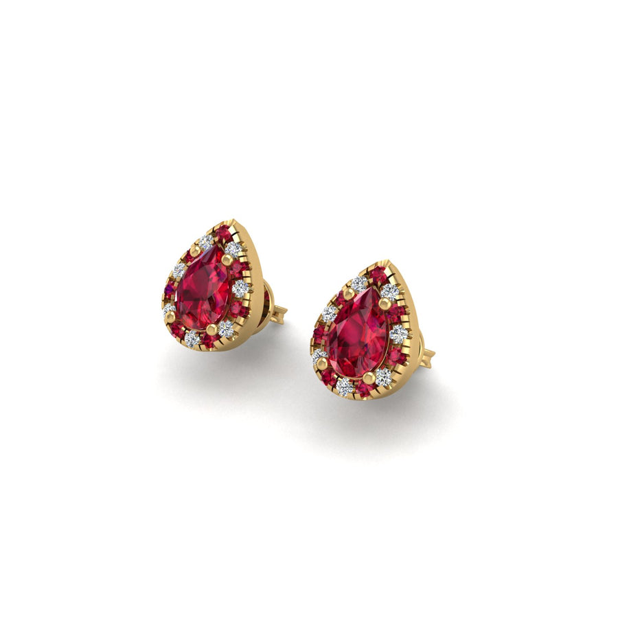 Gold ruby pear halo stud earrings