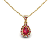 Gold ruby pear heavenly halo pendant center view