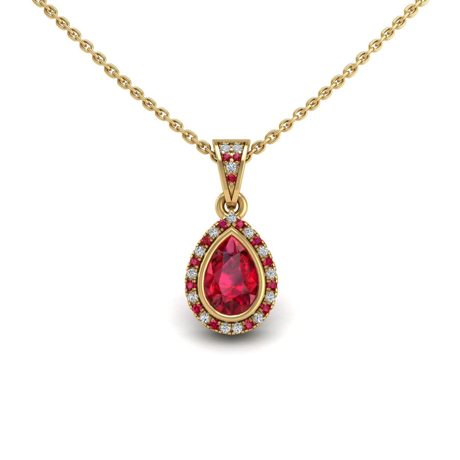Gold ruby pear heavenly halo pendant center view