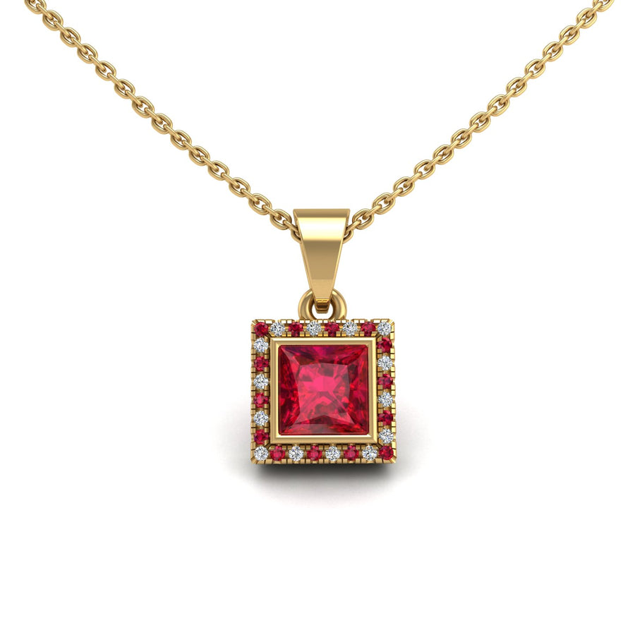 Gold ruby princess divine halo pendant center view