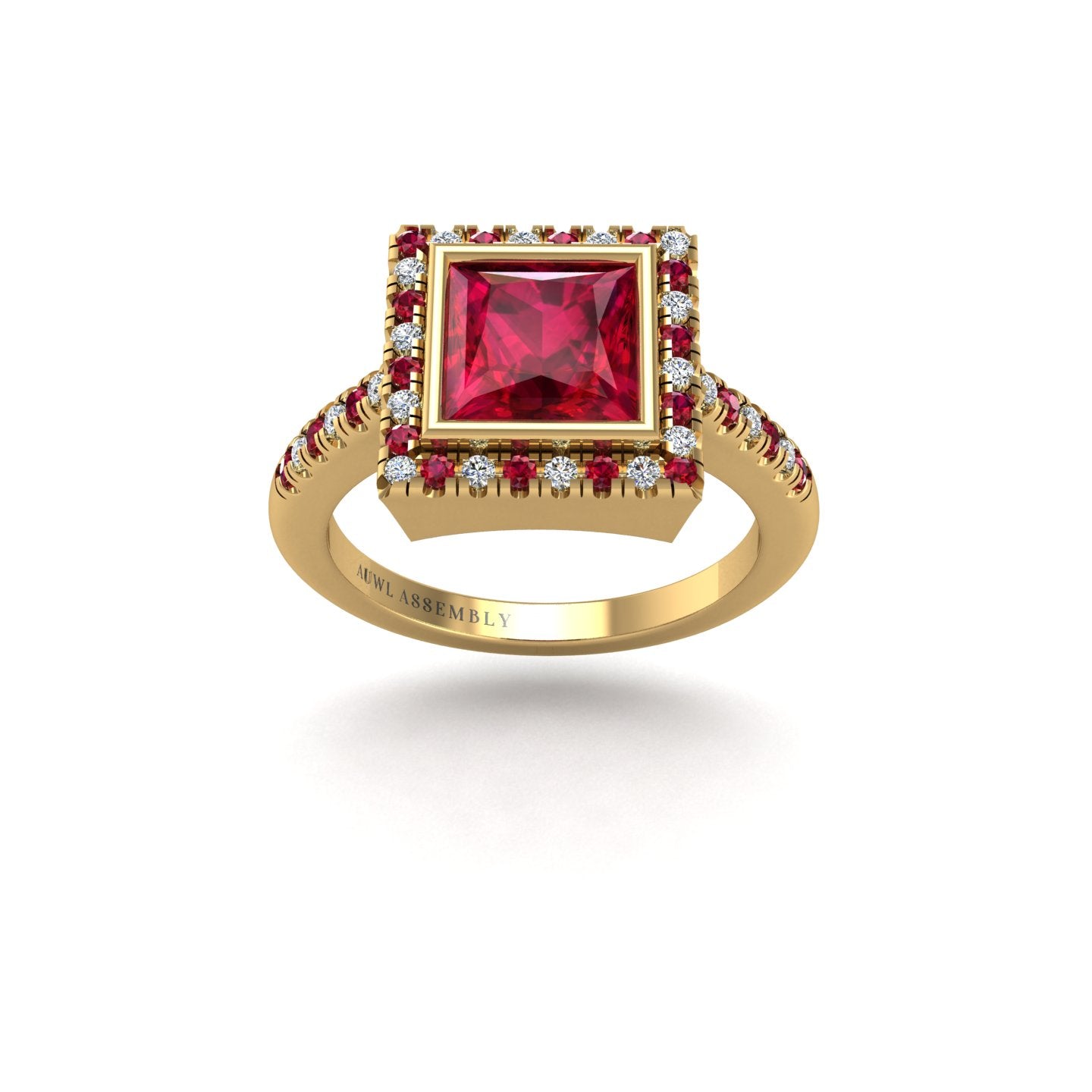 Gold ruby princess halo ring front view