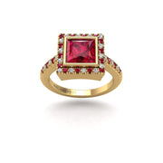 Gold ruby princess halo ring front view