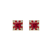 Gold ruby princess halo stud earrings front view