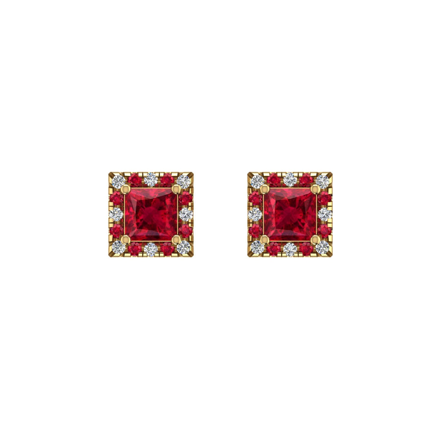 Gold ruby princess halo stud earrings front view