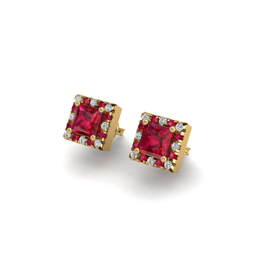 Gold ruby princess halo stud earrings