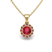 Gold ruby round divine halo pendant center view