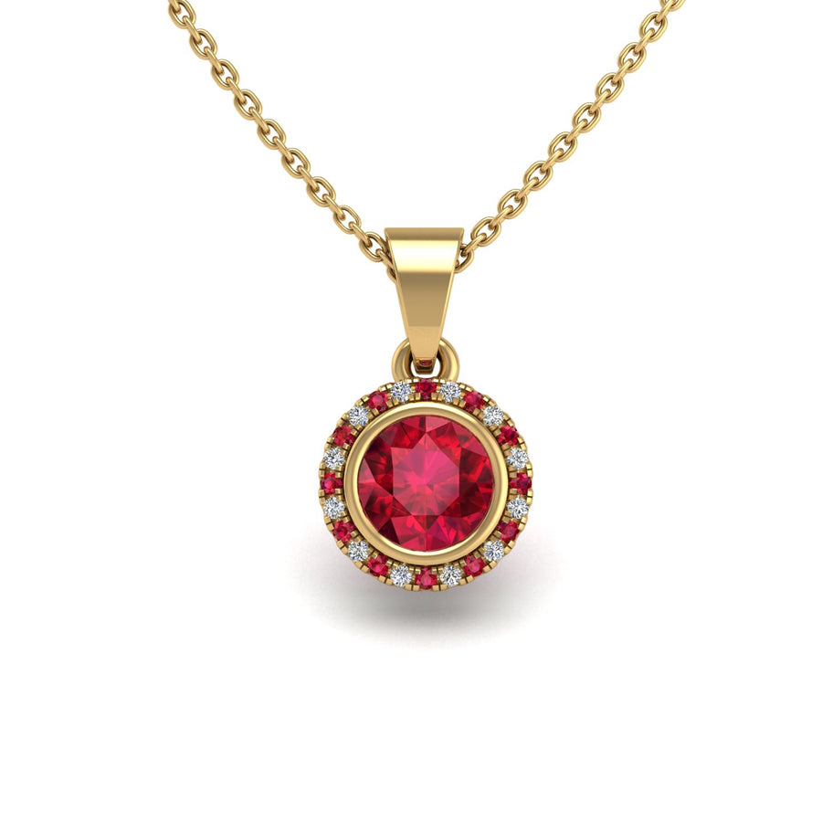 Gold ruby round divine halo pendant center view