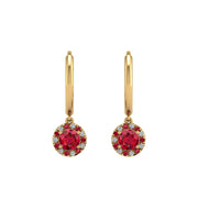 Gold ruby round halo hoop earrings front view