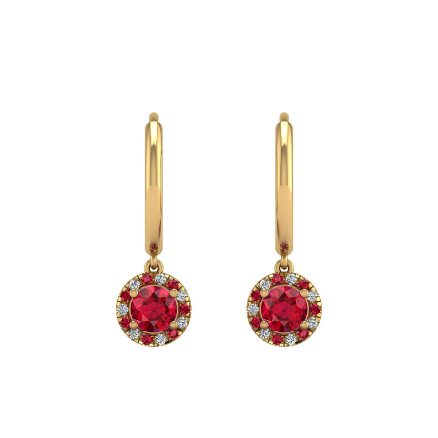 Gold ruby round halo hoop earrings front view