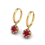 Gold ruby round halo hoop earrings
