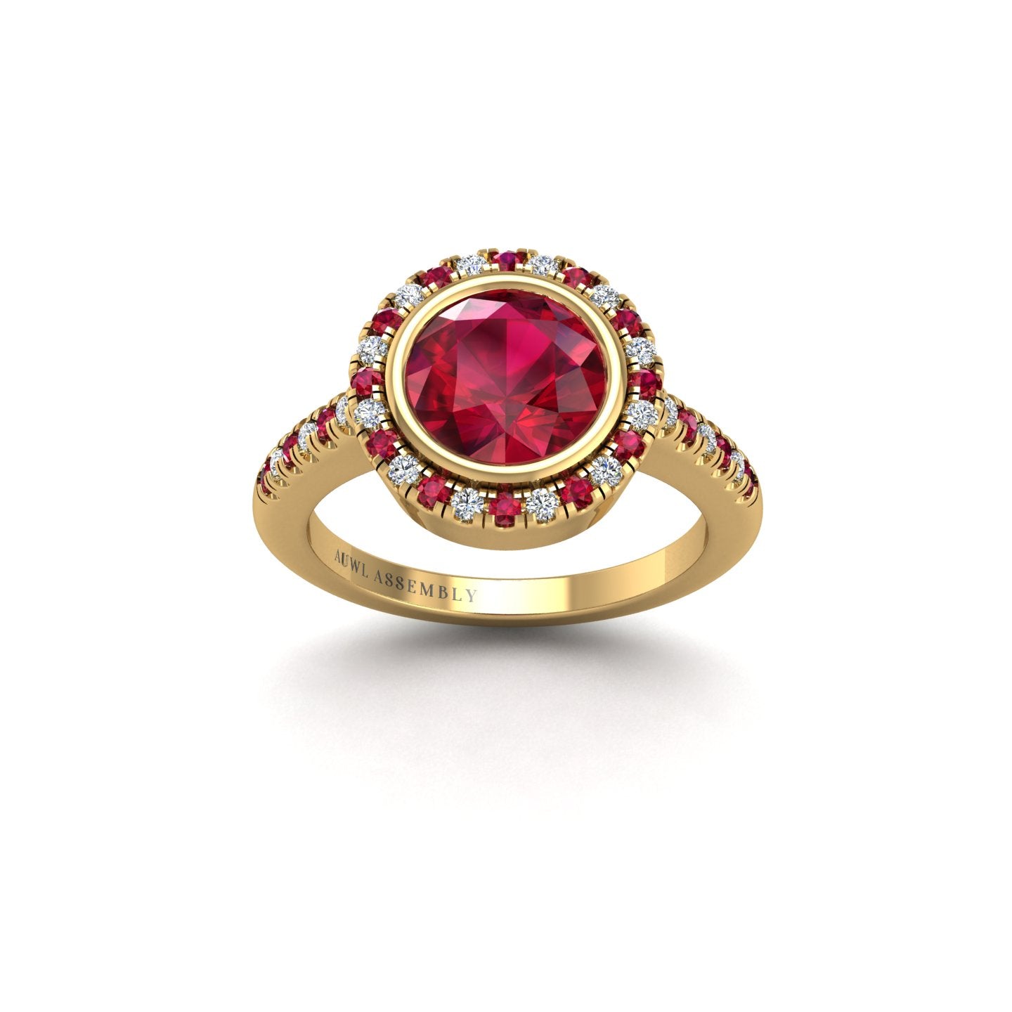 Gold ruby round halo ring front view