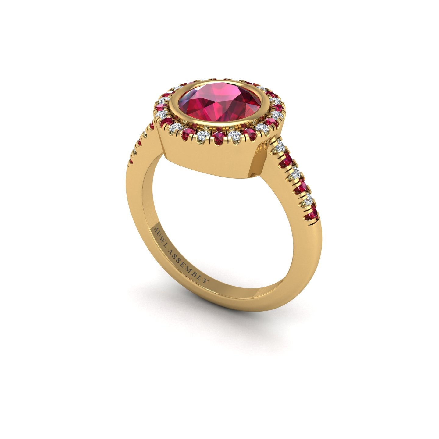 Gold ruby round halo ring