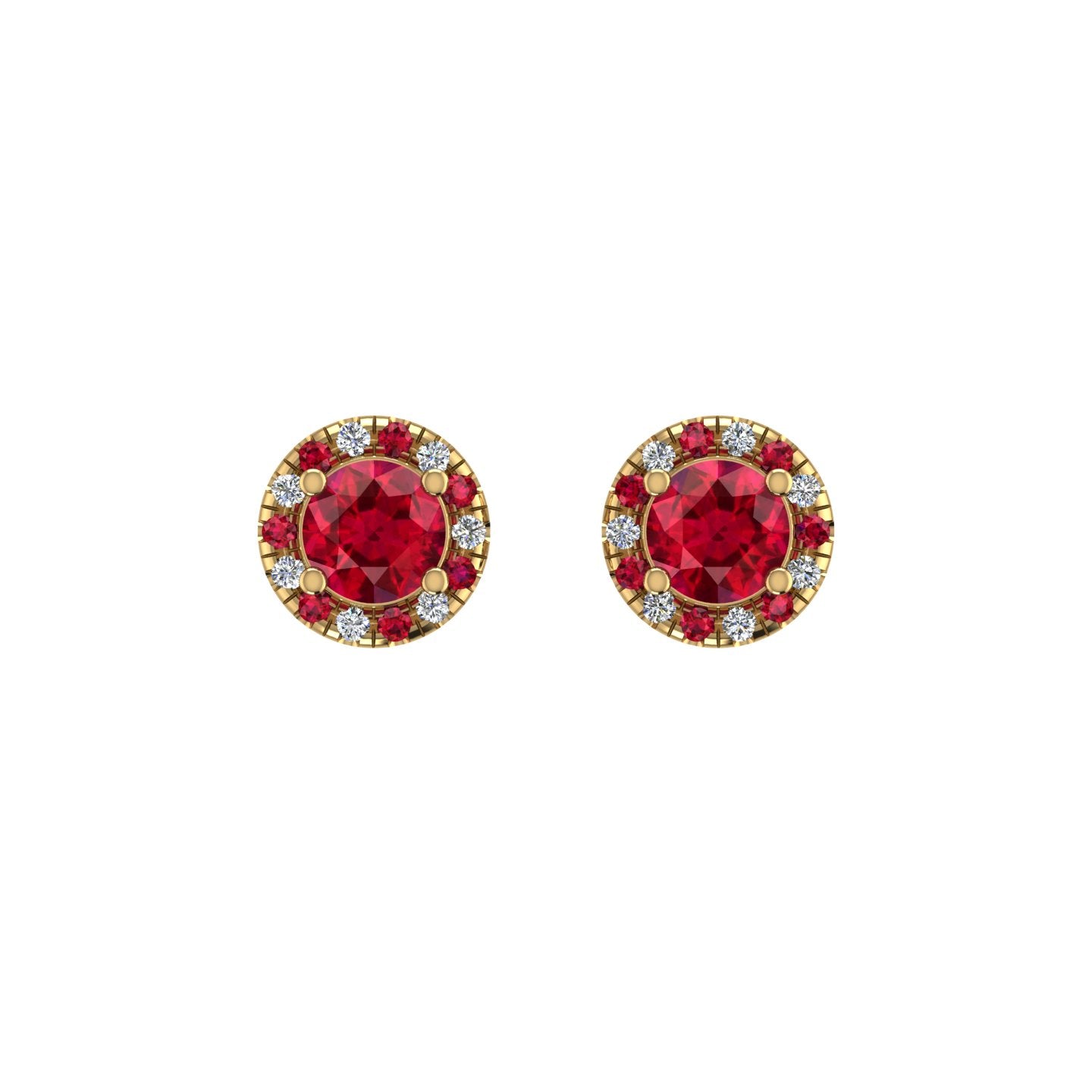 Gold ruby round halo stud earrings front view