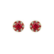 Gold ruby round halo stud earrings front view