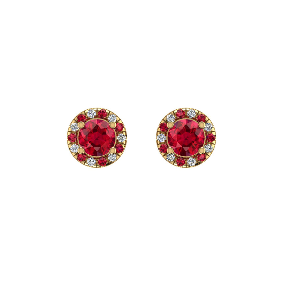 Gold ruby round halo stud earrings front view