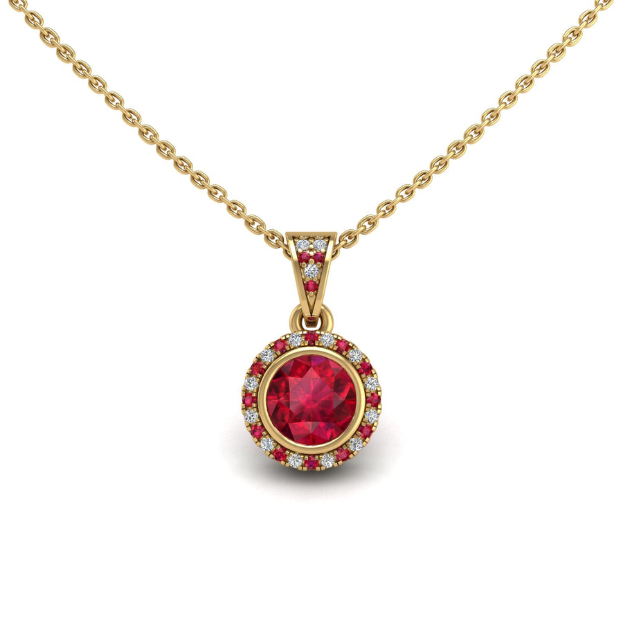 Gold ruby round heavenly halo pendant center view center view