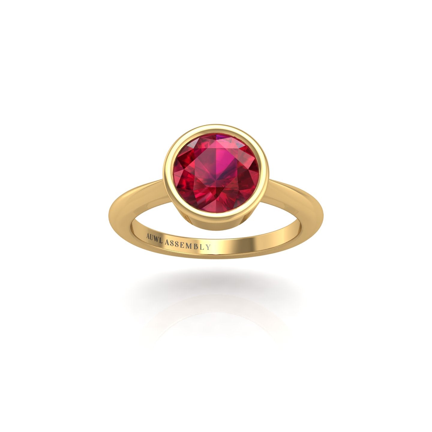 Gold ruby round solitaire ring front view