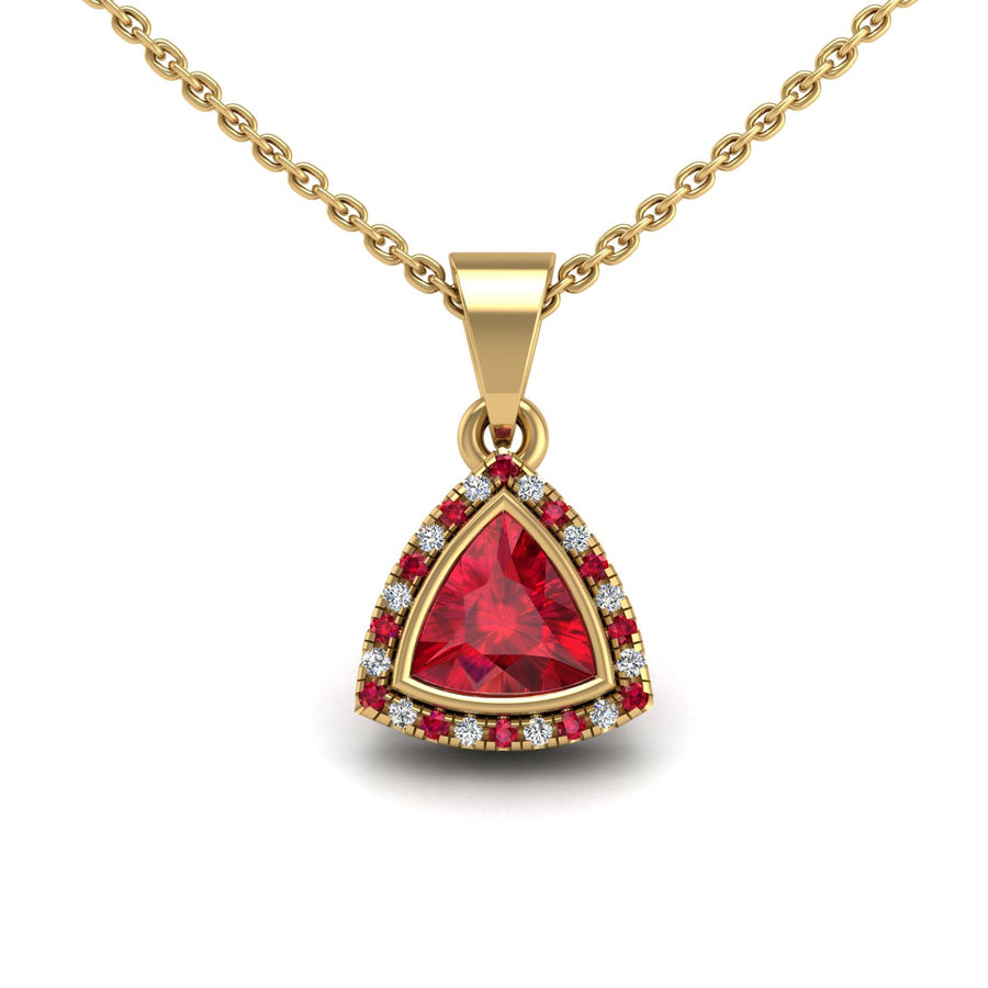 Gold ruby trillion divine halo pendant center view