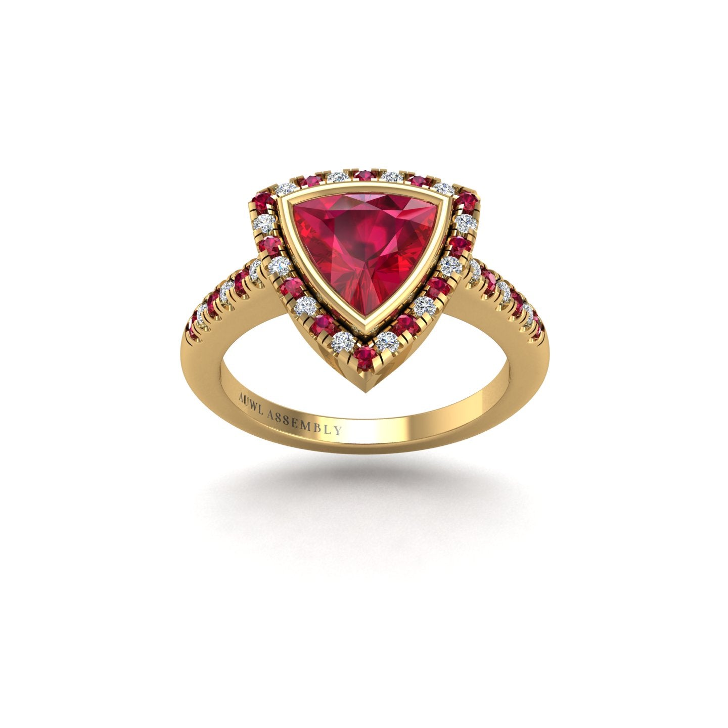 Gold ruby trillion halo ring front view