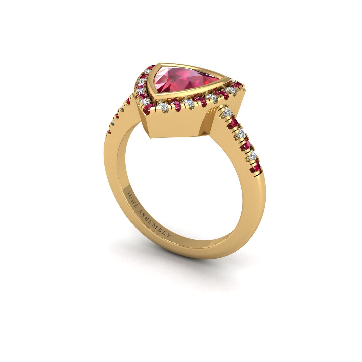 Gold ruby trillion halo ring