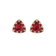 Gold ruby trillion halo stud earrings front view