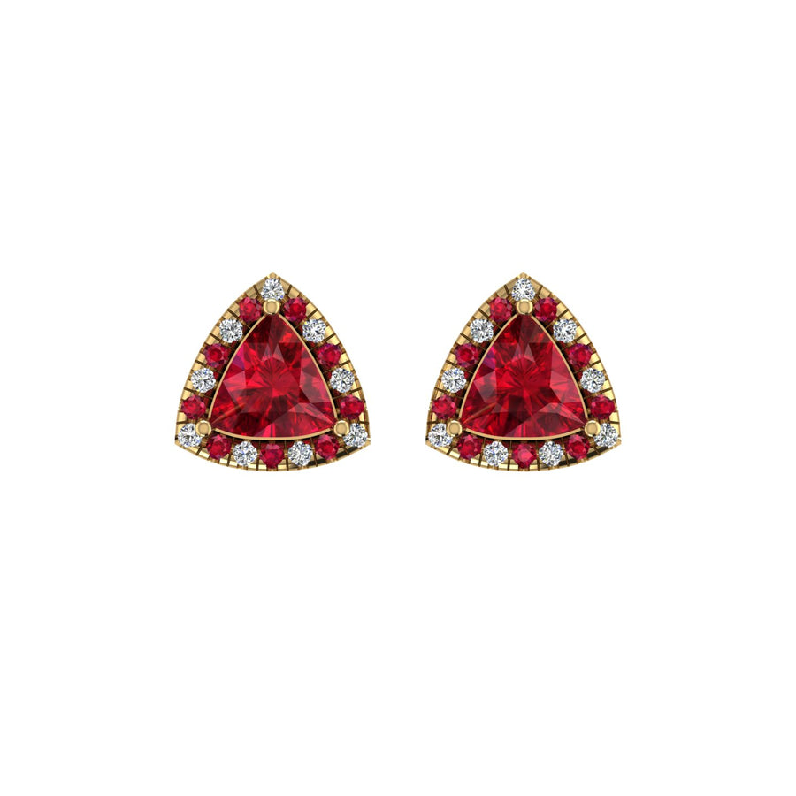 Gold ruby trillion halo stud earrings front view