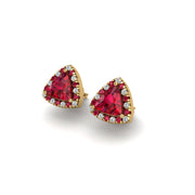 Gold ruby trillion halo stud earrings