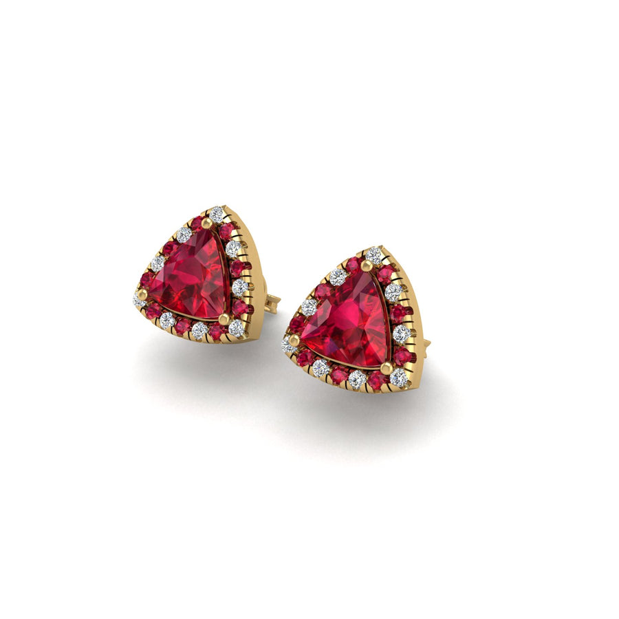 Gold ruby trillion halo stud earrings