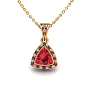 Gold ruby trillion heavenly halo pendant center view center view